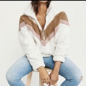 Abercrombie & Fitch Pink and Brown Stripe Sherpa Pullover Women's Size XL